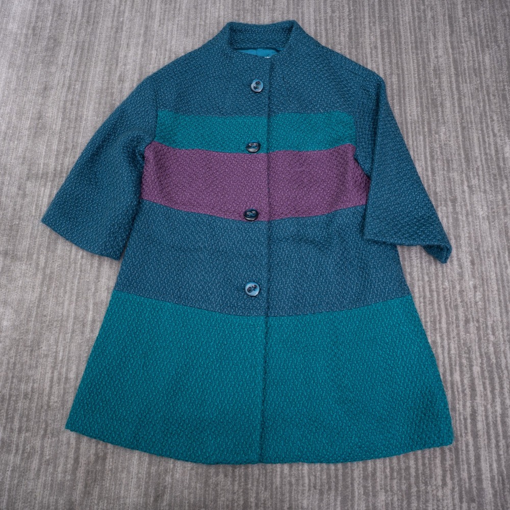 Tabitha Coat Women Small Teal Purple Wool Blend Excellent Colorblock Mock Neck